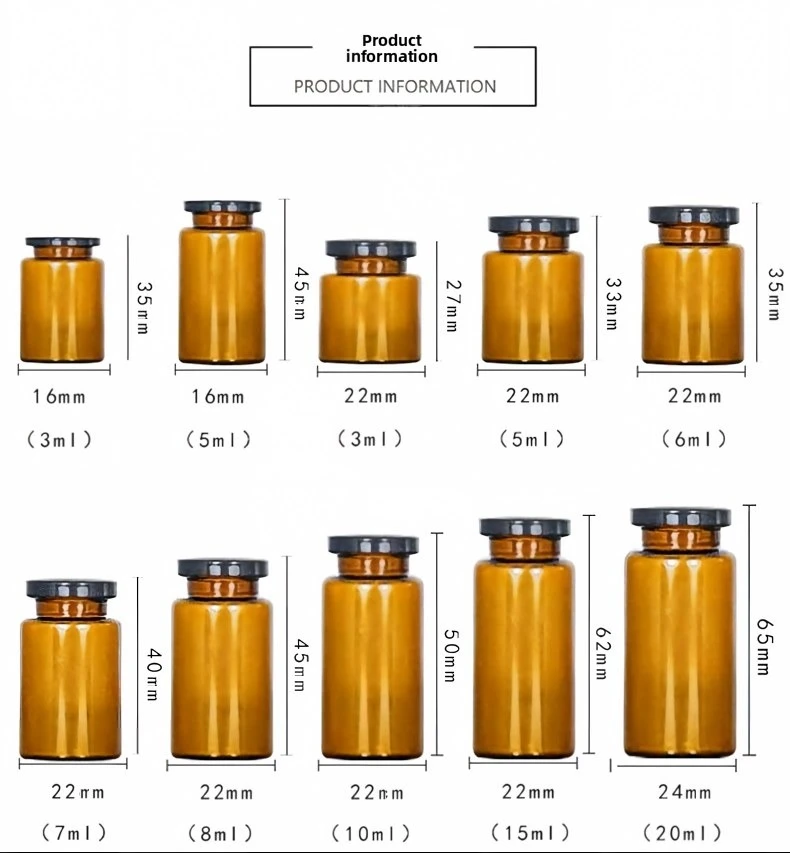 Amber vial size chart from 3ml to 20ml — 10 ml vial dimensions for Pressure-resistant and drop-proof peptide vial box